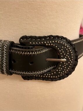 Another Line Studded Black Leather Women's Belt with Decorative Stitching - S